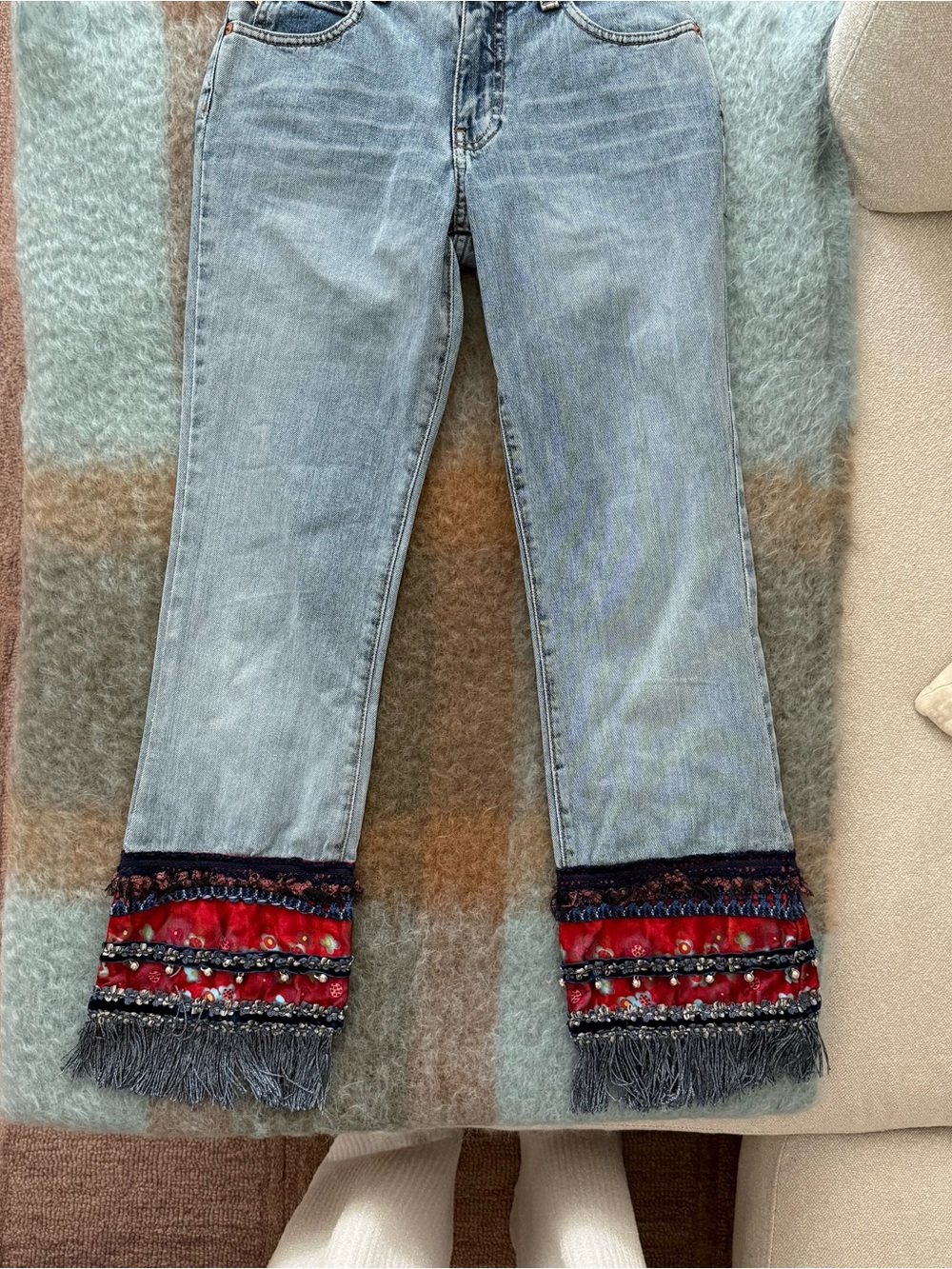 Embellished Hem Light Wash Women’s Jeans - Red Trim